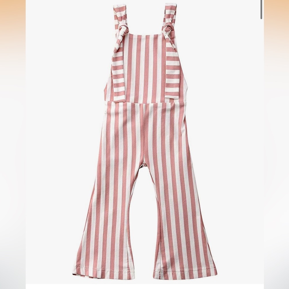 Pink cream Bell bottom jumpsuit romper overalls striped jumper flared pants kids - Picture 3 of 7